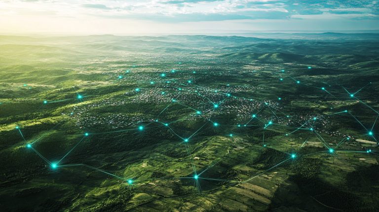 Aerial view of land featuring network markers that indicate land development planning and connectivity, highlighting potential growth areas