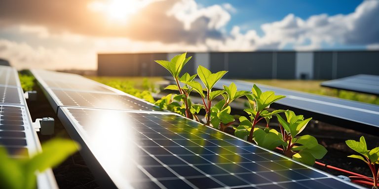 A modern ecofriendly green roof covered in lush vegetation and interspersed with efficient solar panels harnessing sustainable energy under a clear blue sky